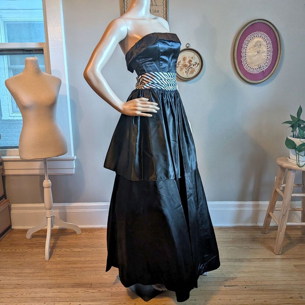 Vintage 80s Gunne Sax Black Strapless Gown Striped Southern Belle Jrs Size 5